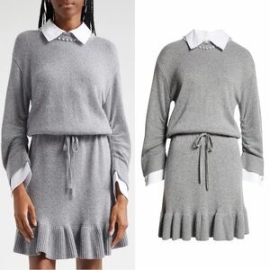 cinq a sept Gray Knit Sweater Mini Dress with Ruffle Hem